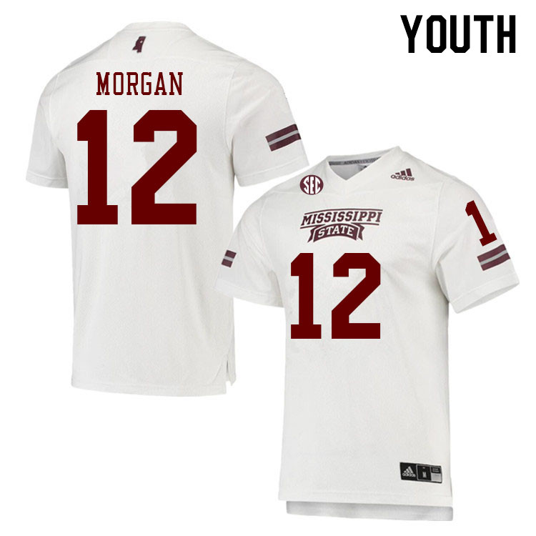 Youth #12 Asher Morgan Mississippi State Bulldogs College Football Jerseys Stitched Sale-White - Click Image to Close
